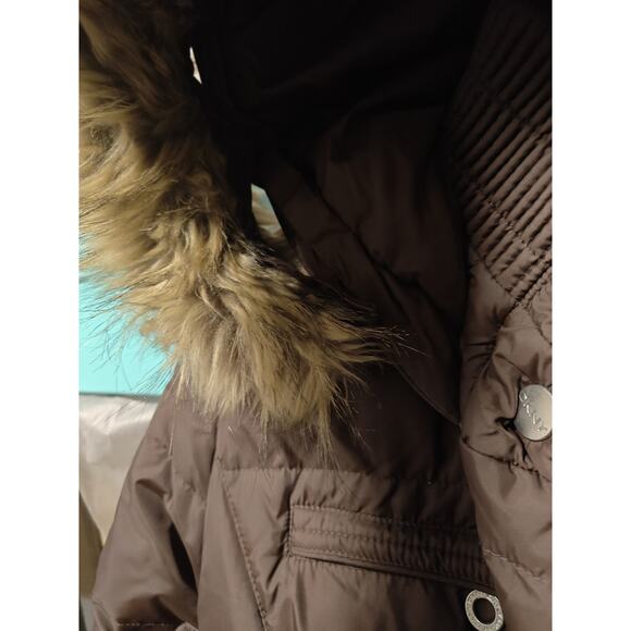DKNY Hooded Long Down Puffer Coat with Removable Fur Trim in Brown Size M - Picture 2 of 10